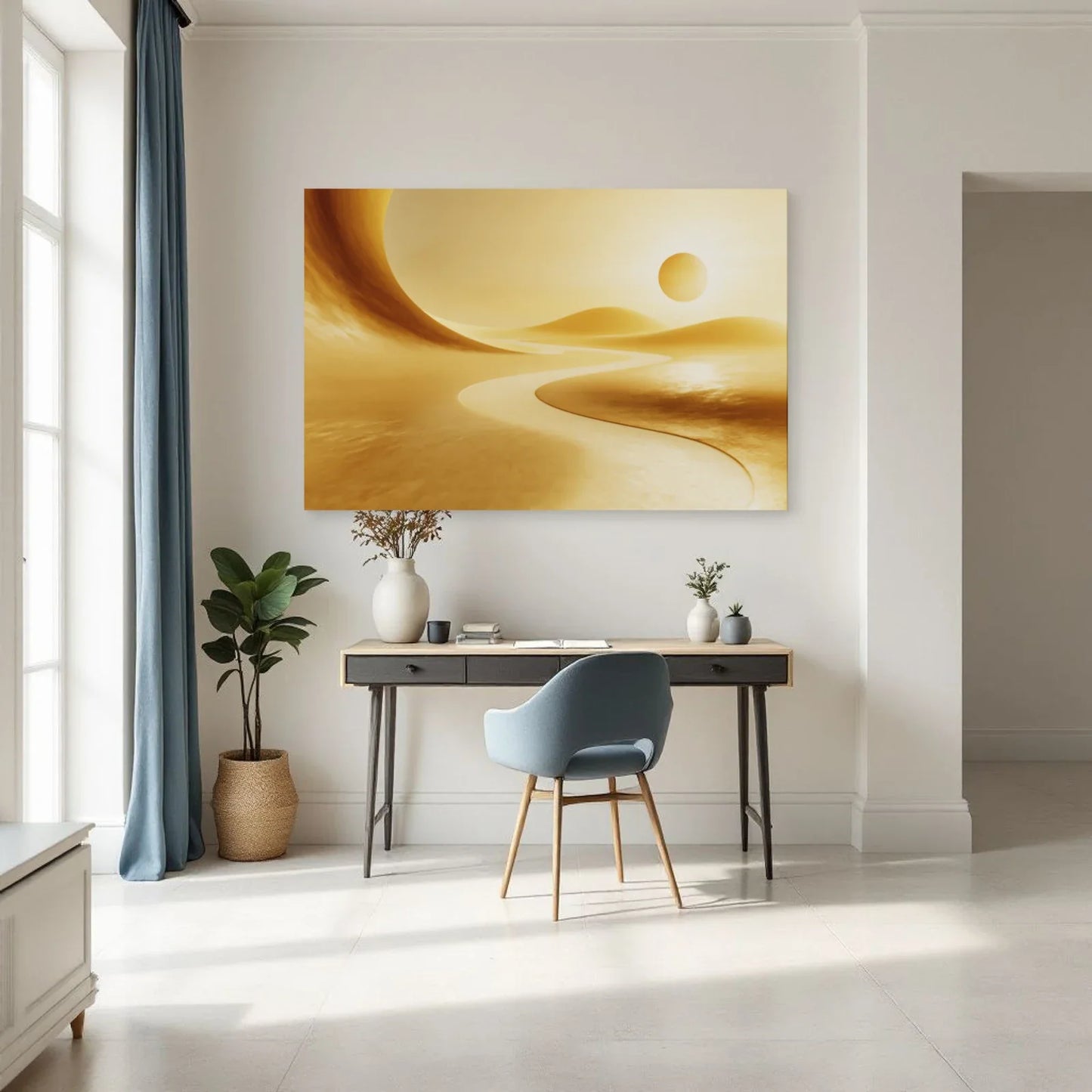 Tableau jaune minimaliste dans un bureau calme par Art Virtuoso