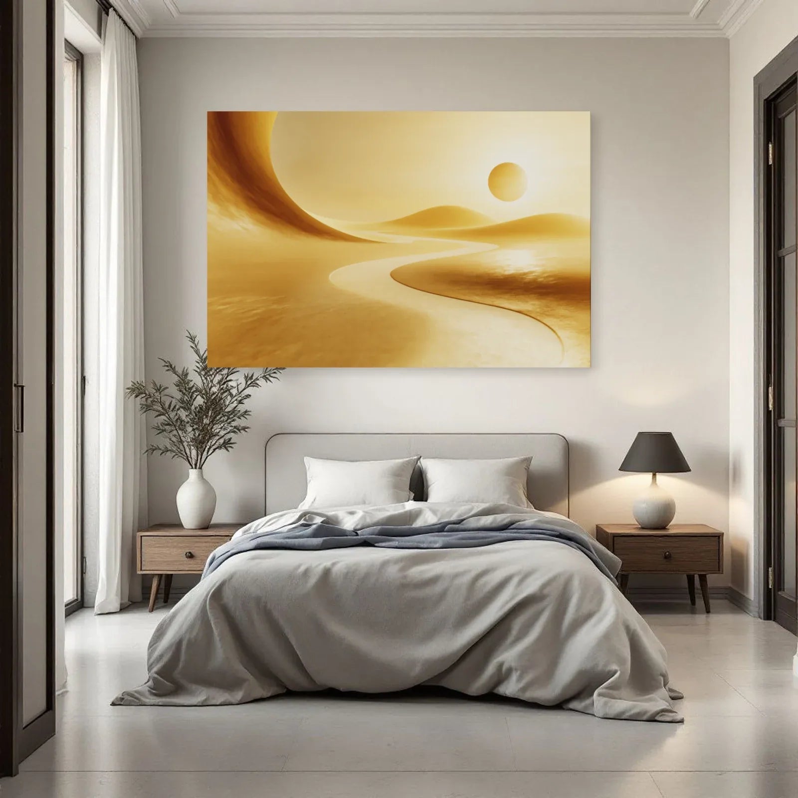 Arche et soleil jaunes au-dessus d’un lit épuré par Art Virtuoso