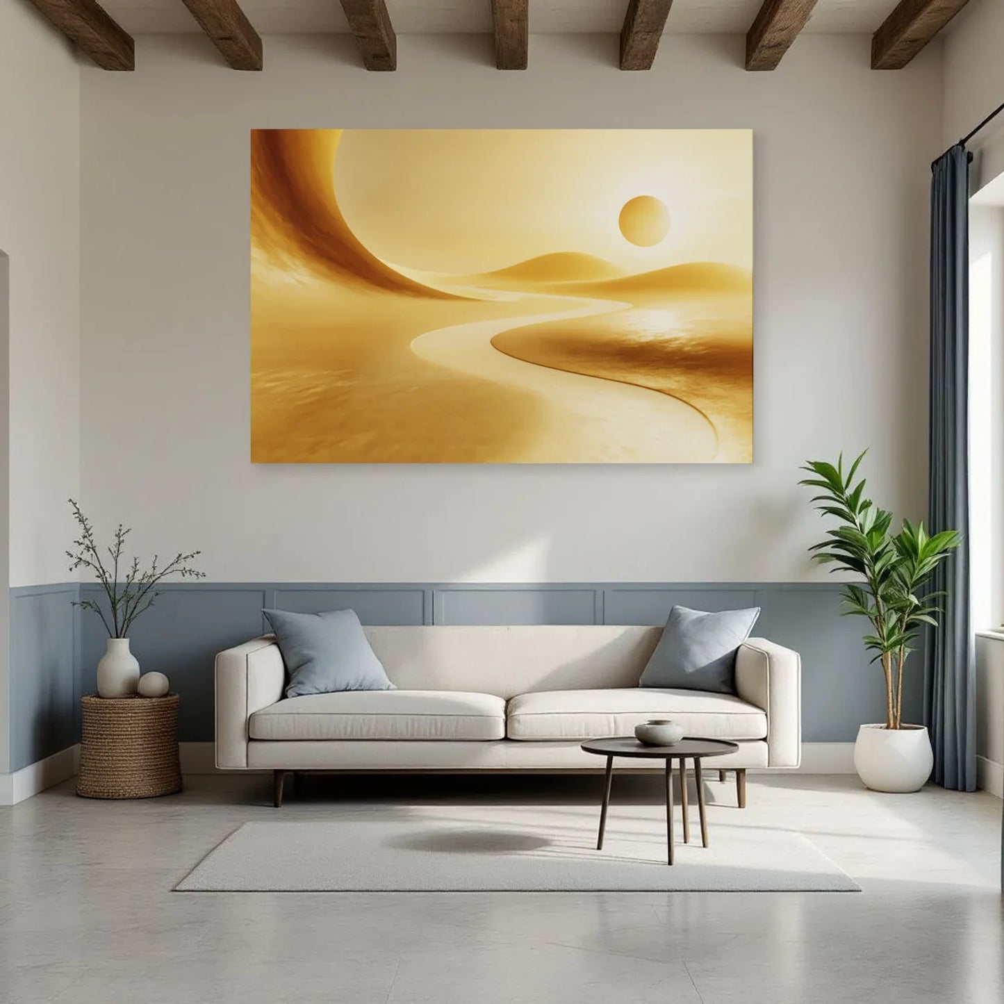 Paysage jaune aux arches au-dessus d’un canapé scandinave par Art Virtuoso