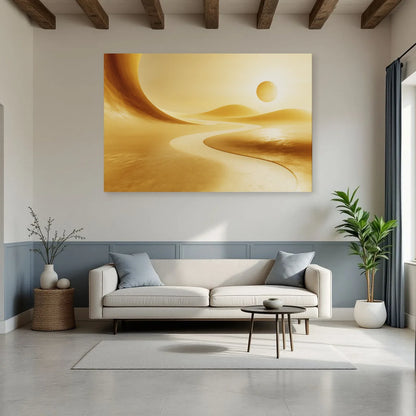 Paysage jaune aux arches au-dessus d’un canapé scandinave par Art Virtuoso