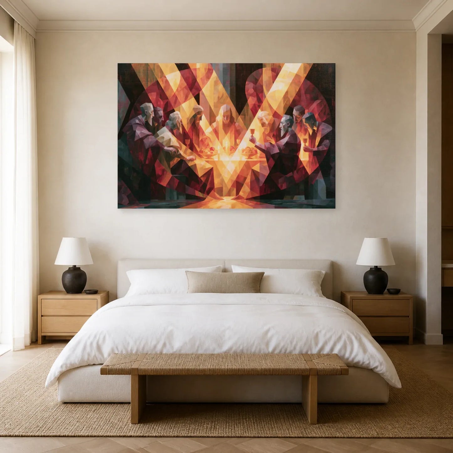 Cène contemporaine aux faisceaux ambrés dans une chambre
