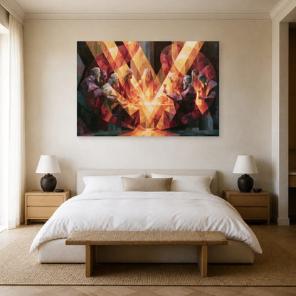 Cène contemporaine aux faisceaux ambrés dans une chambre