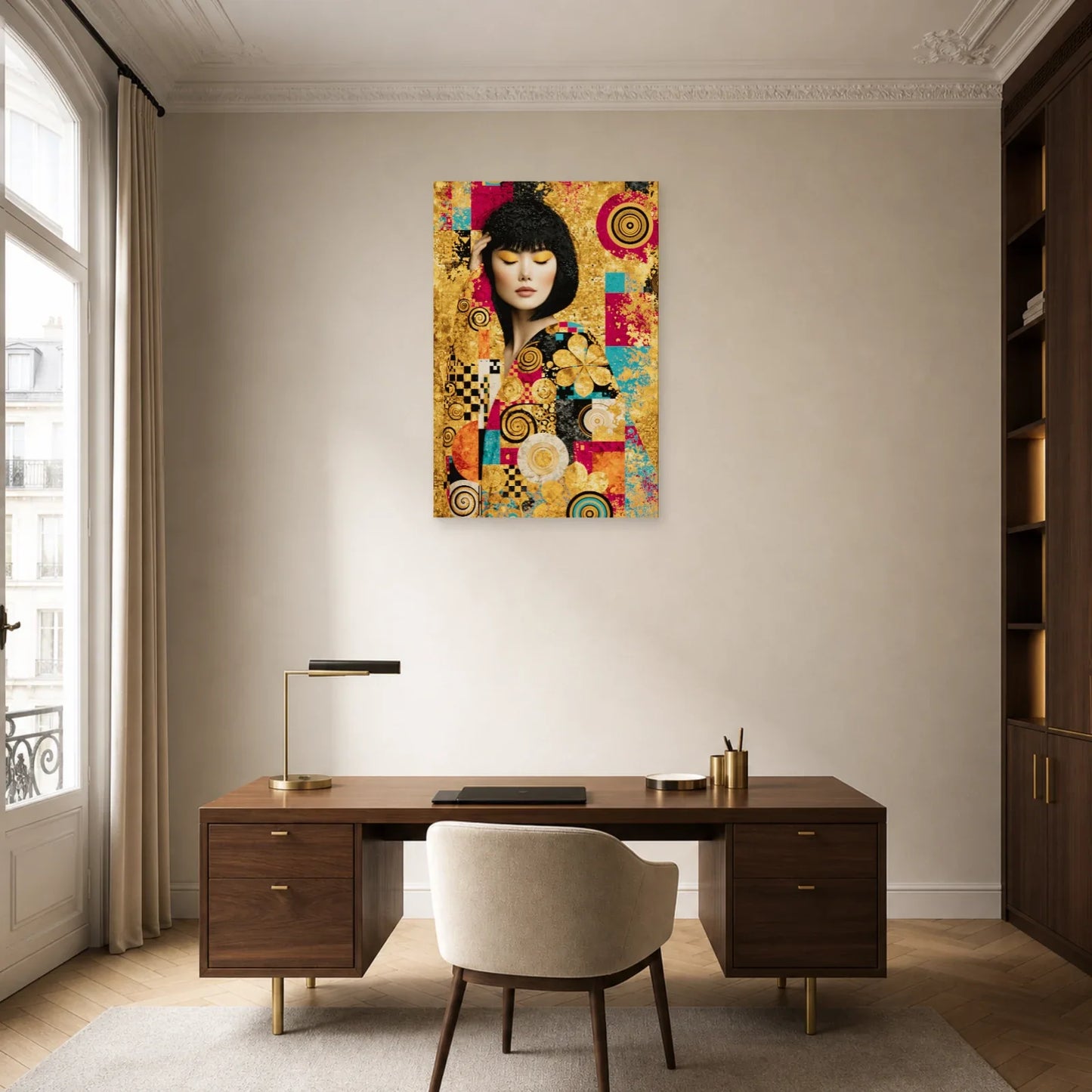 Portrait Pop Art aux spirales installé dans un bureau créatif