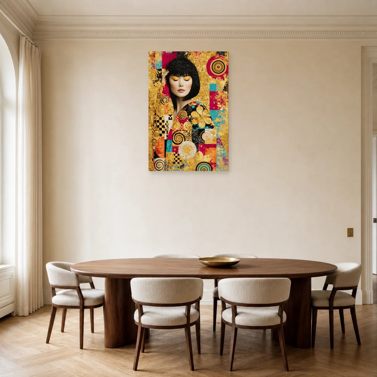 Tableau graphique or et fuchsia dans une salle à manger