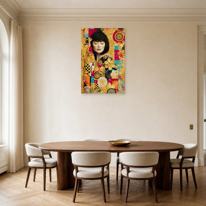 Tableau graphique or et fuchsia dans une salle à manger