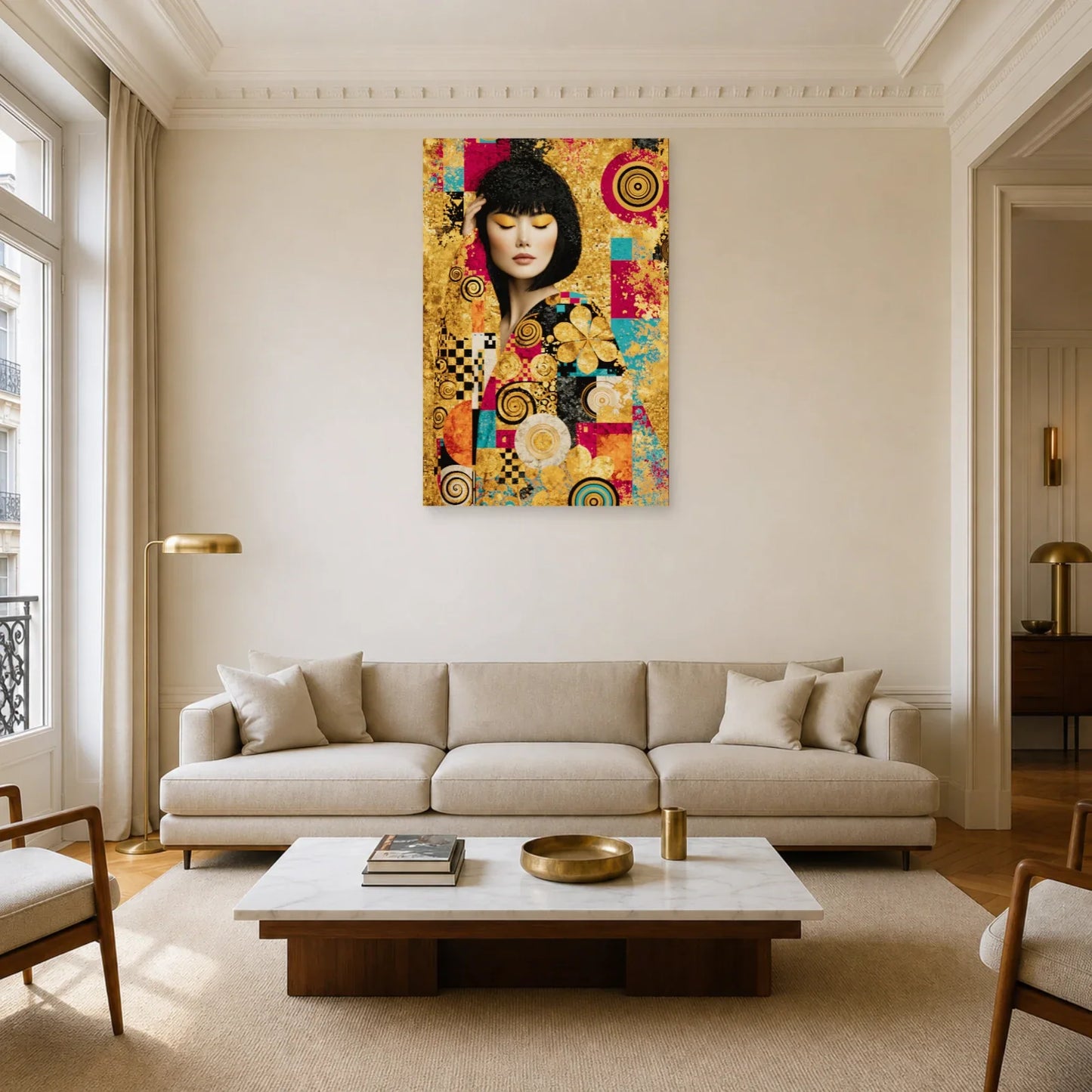 Tableau femme doré exposé dans un salon aux meubles sobres