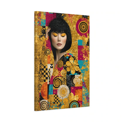 Vue 3D de côté du tableau femme Pop Art doré aux yeux clos