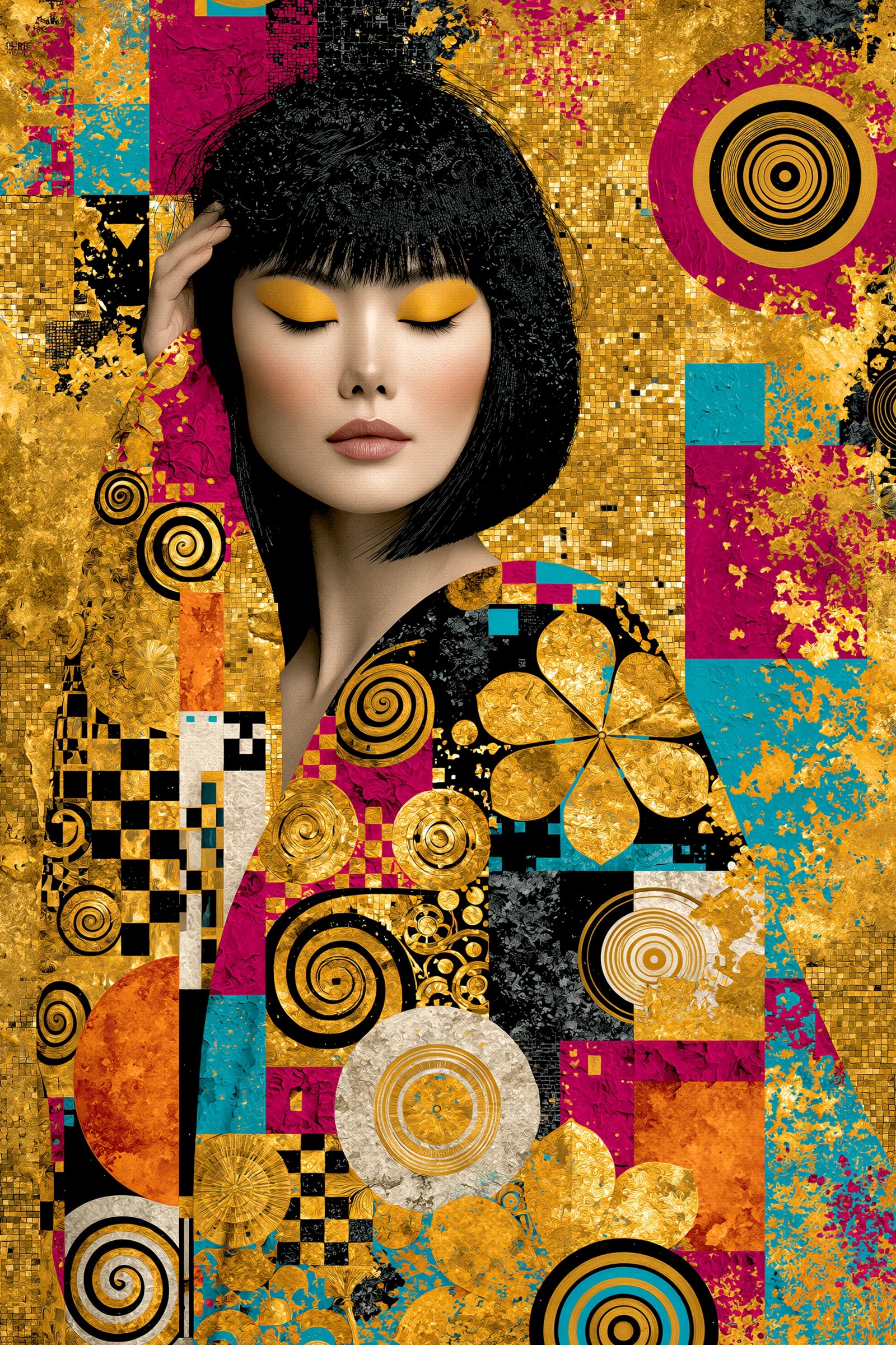 Tableau Pop Art doré avec grande fleur graphique, format XXL