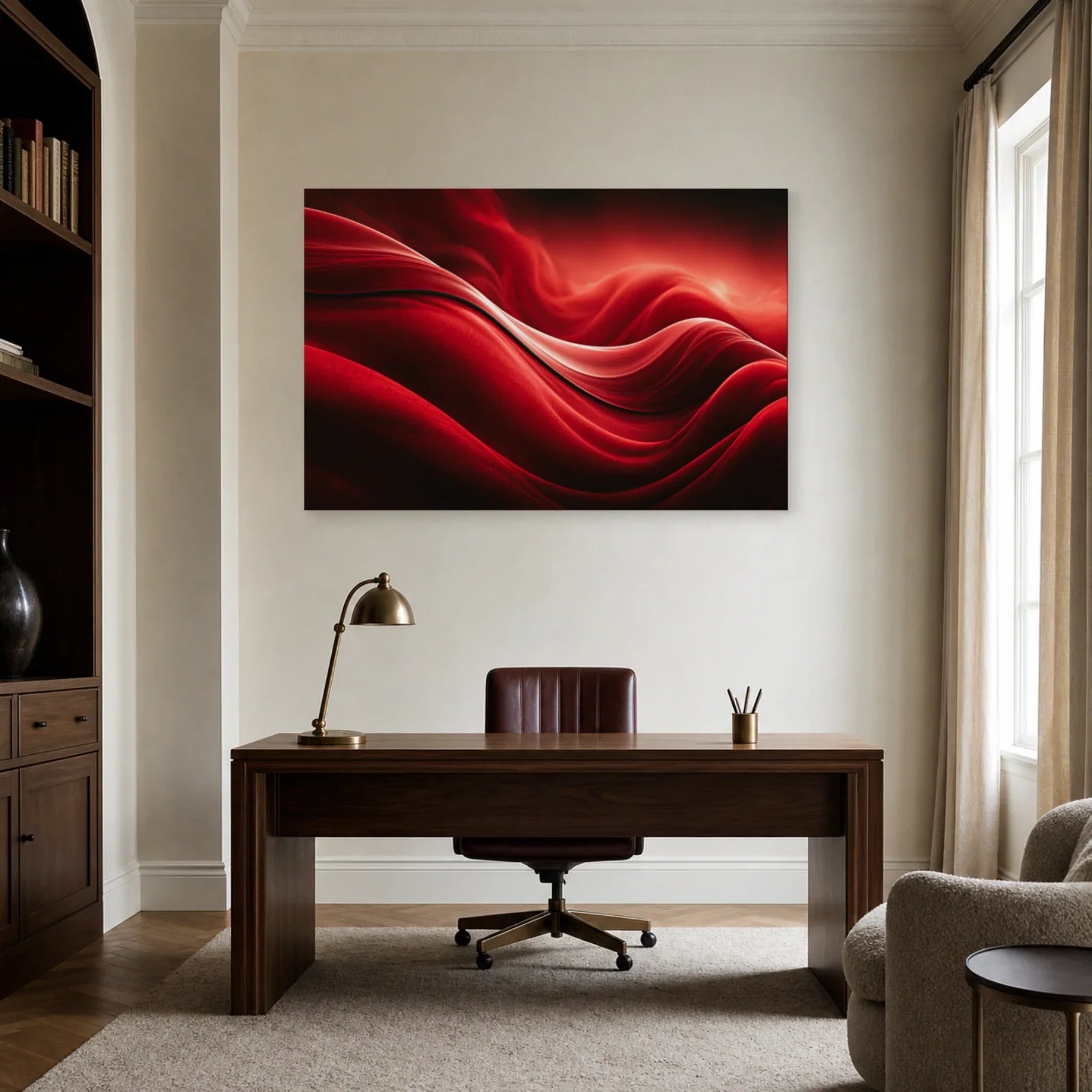 vagues rouges écarlates évoquant des plis de soie et une lumière rosée, présenté dans un bureau aux lignes sobres