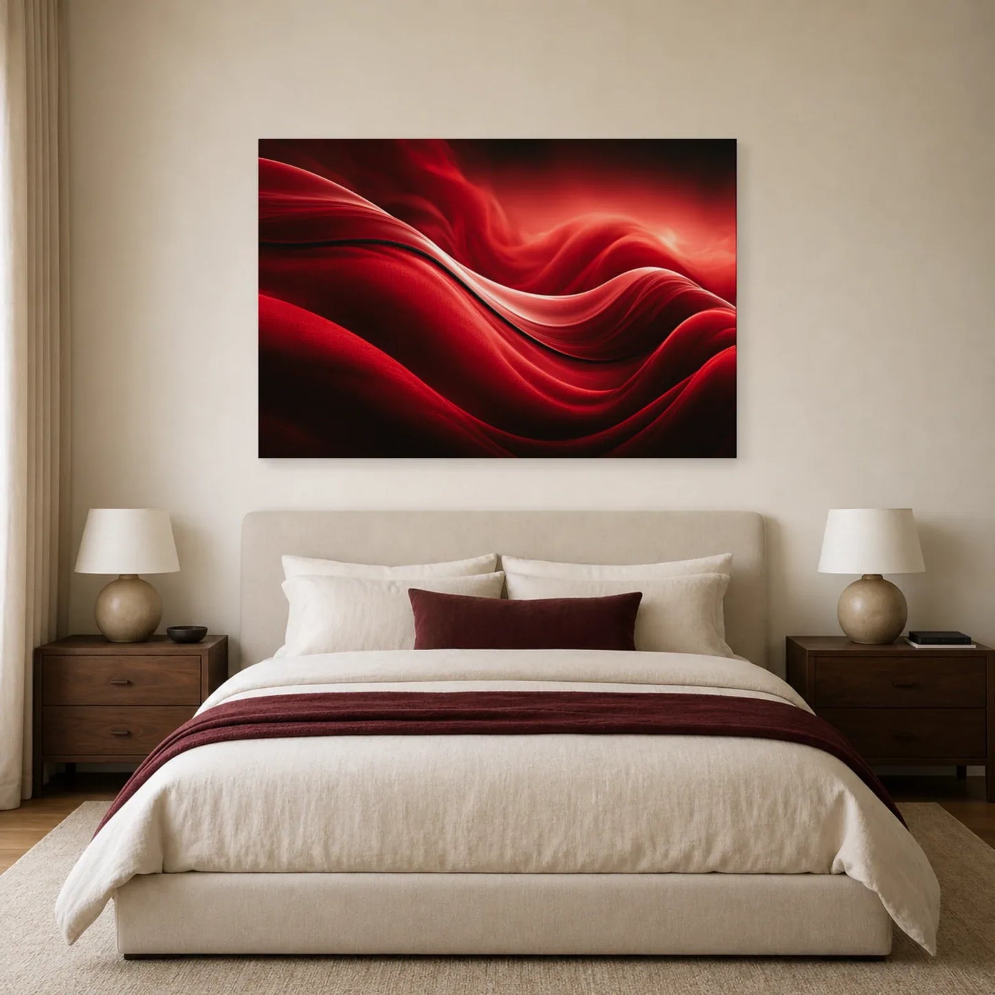 vagues rouges écarlates évoquant des plis de soie et une lumière rosée, présenté dans une chambre aux textiles unis