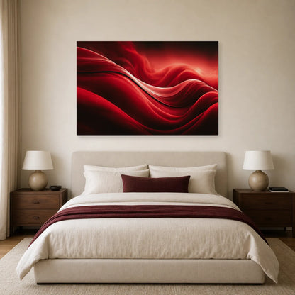 vagues rouges écarlates évoquant des plis de soie et une lumière rosée, présenté dans une chambre aux textiles unis