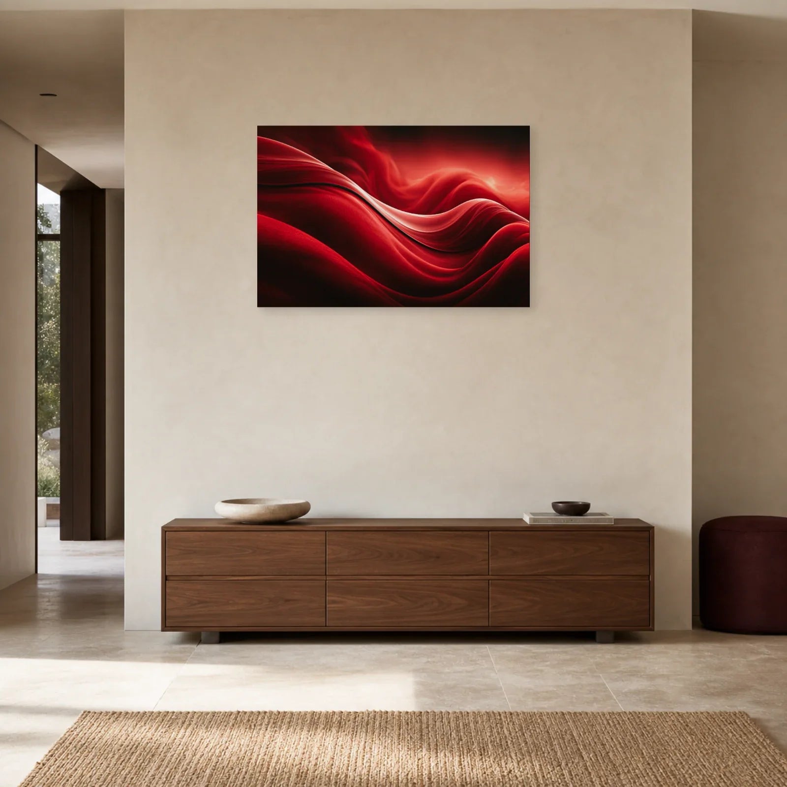 vagues rouges écarlates évoquant des plis de soie et une lumière rosée, présenté dans une entrée épurée