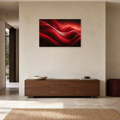 vagues rouges écarlates évoquant des plis de soie et une lumière rosée, présenté dans une entrée épurée