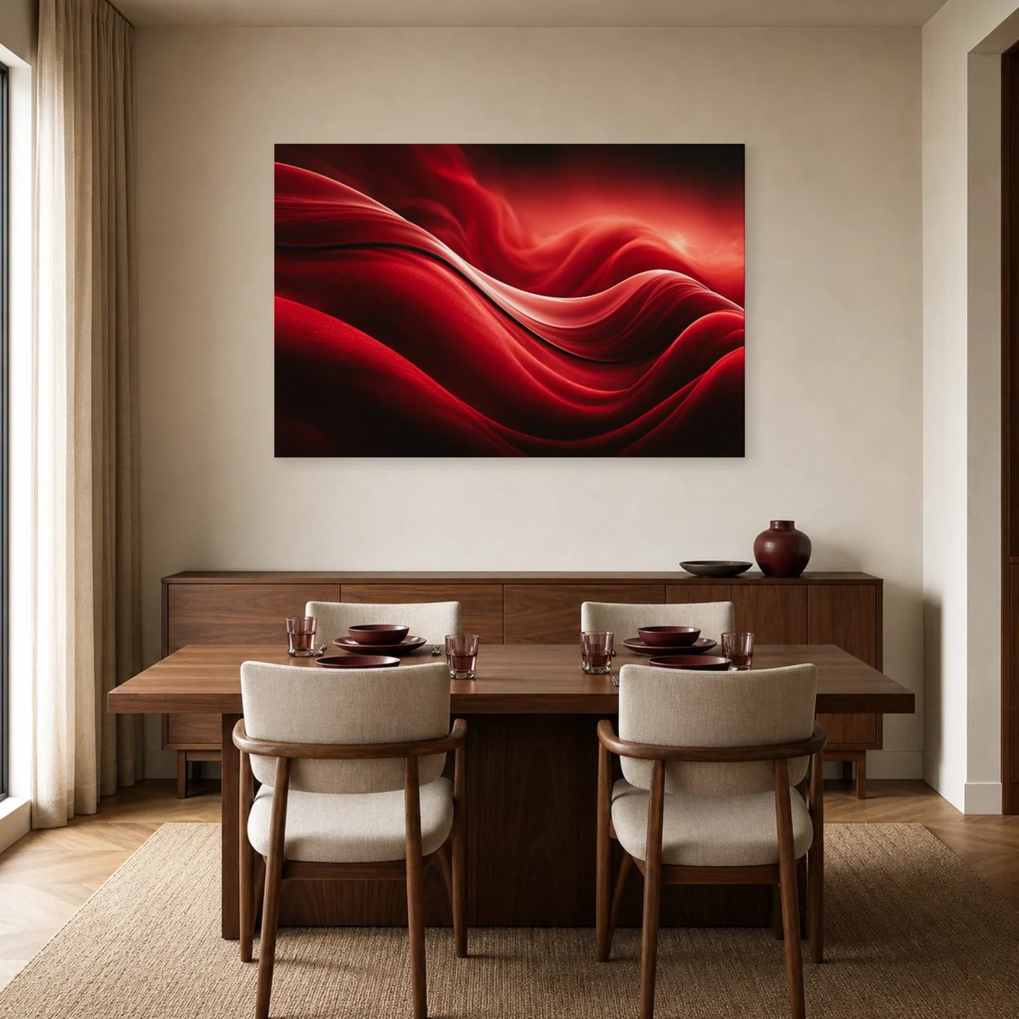 vagues rouges écarlates évoquant des plis de soie et une lumière rosée, présenté dans une salle à manger chaleureuse