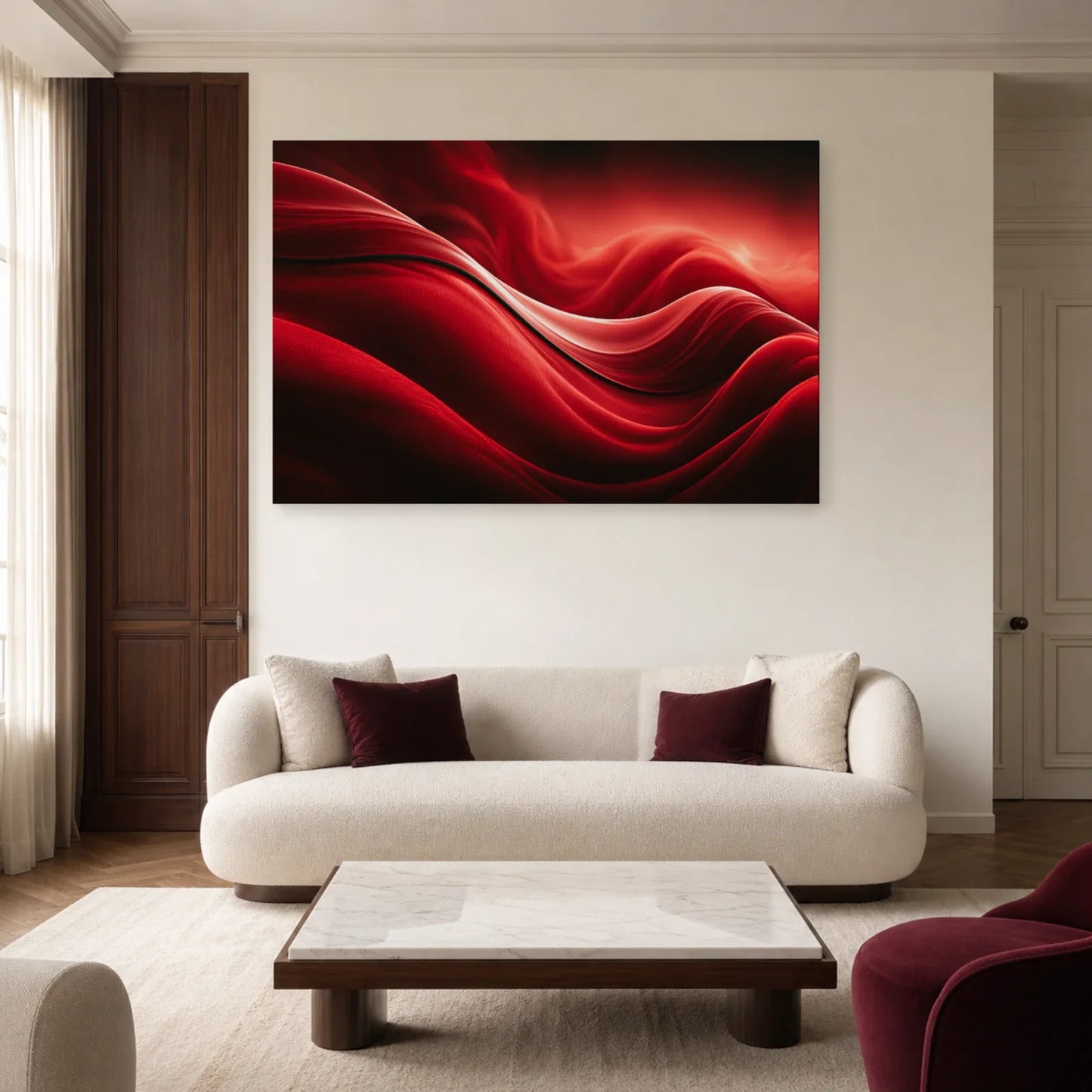 vagues rouges écarlates évoquant des plis de soie et une lumière rosée, présenté dans un salon contemporain