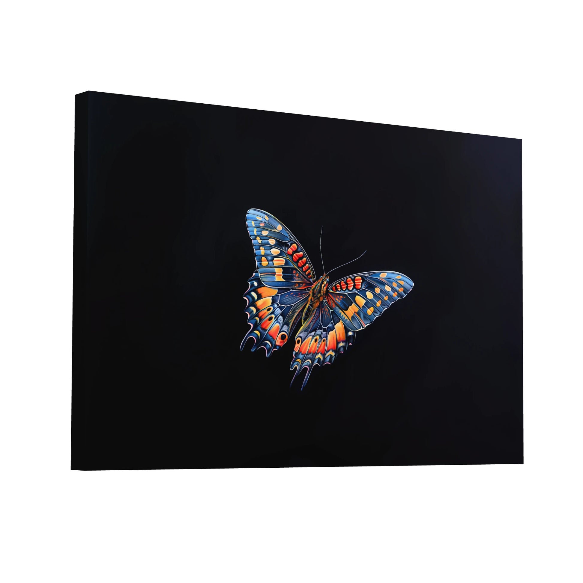 Product Hero 3D WebP Tableau Sur Fond Noir avec Papillon Éclatant - Art Virtuoso