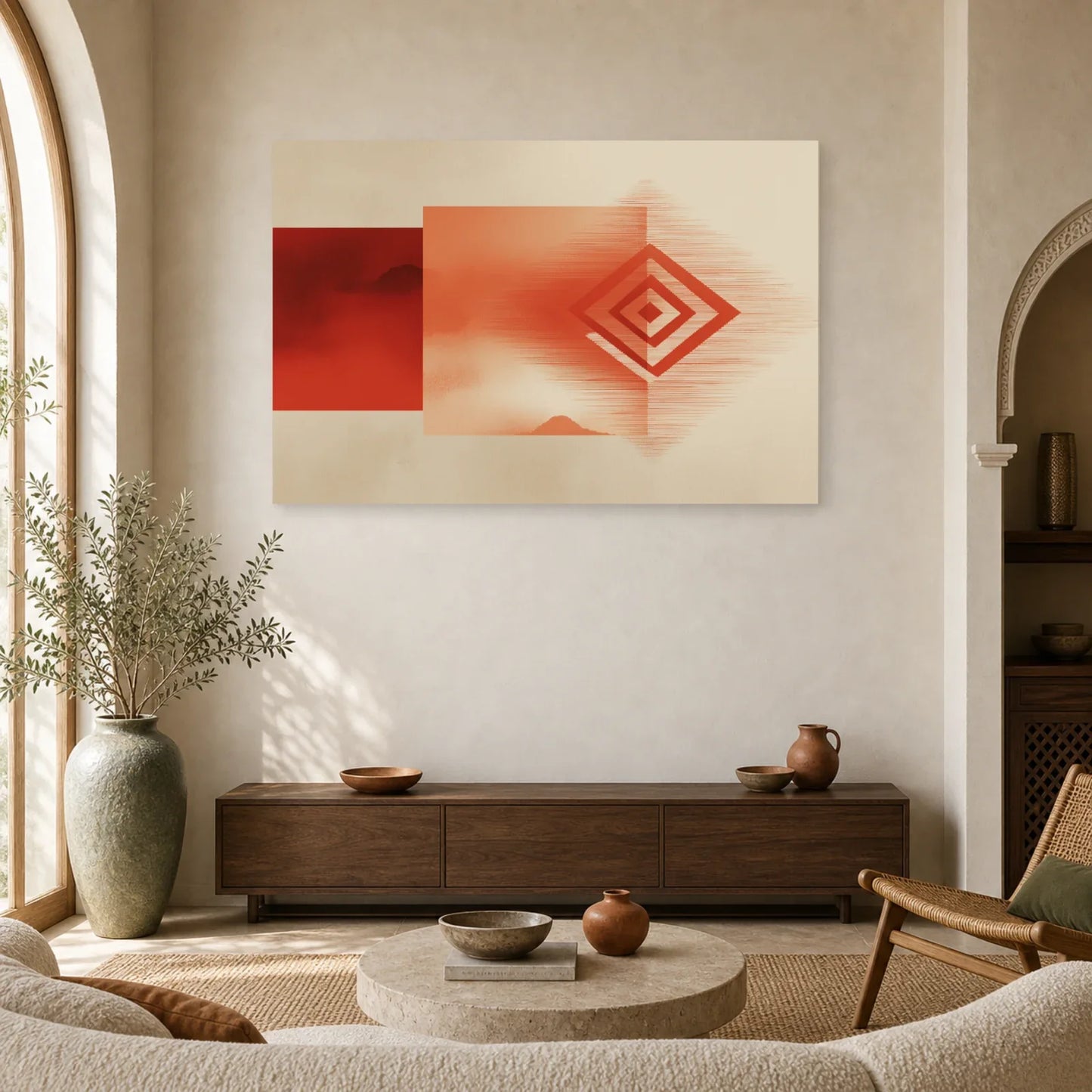 Tableau Tapis Berbere Terracotta dans un salon - Art Virtuoso