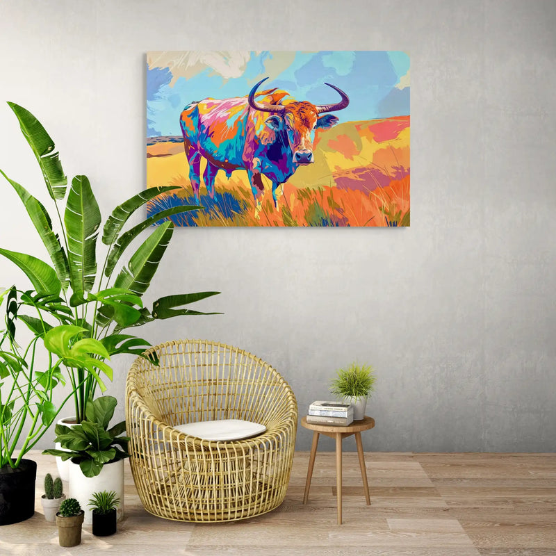 Colourful pop-art bull in a meadow on canvas