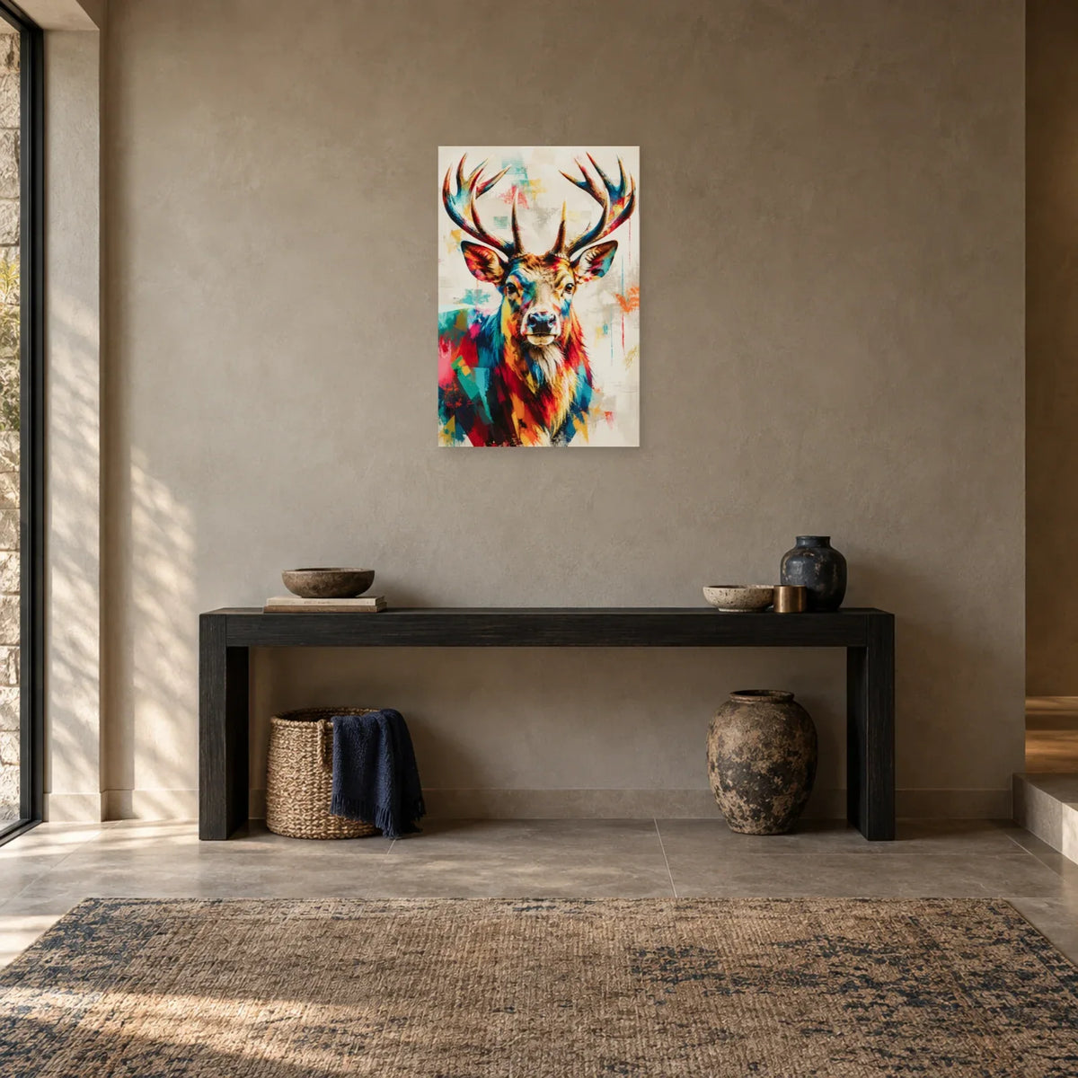 Tableau tête de cerf moderne – Ramure colorée dans une entrée ou un couloir - Art Virtuoso