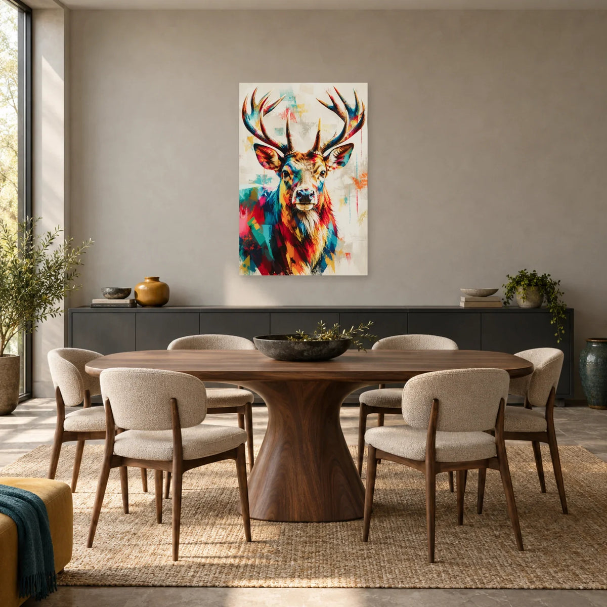 Tableau tête de cerf moderne – Ramure colorée dans une salle à manger - Art Virtuoso