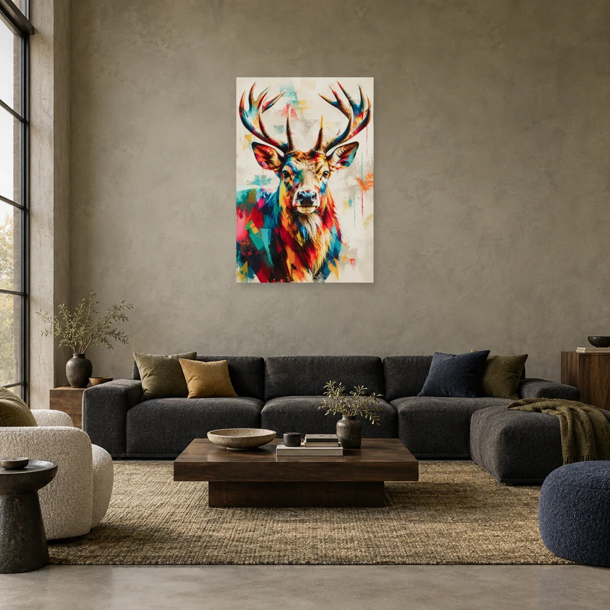 Tableau tête de cerf moderne – Ramure colorée dans un salon - Art Virtuoso