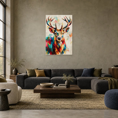 Tableau tête de cerf moderne – Ramure colorée dans un salon - Art Virtuoso
