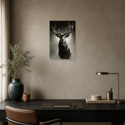 Tableau Tête Cerf Noir et Blanc - Regard Royal dans un bureau - Art Virtuoso