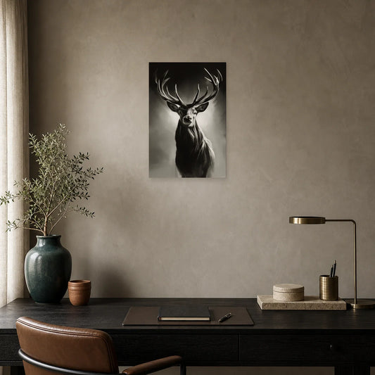 Tableau Tête Cerf Noir et Blanc - Regard Royal dans un bureau - Art Virtuoso