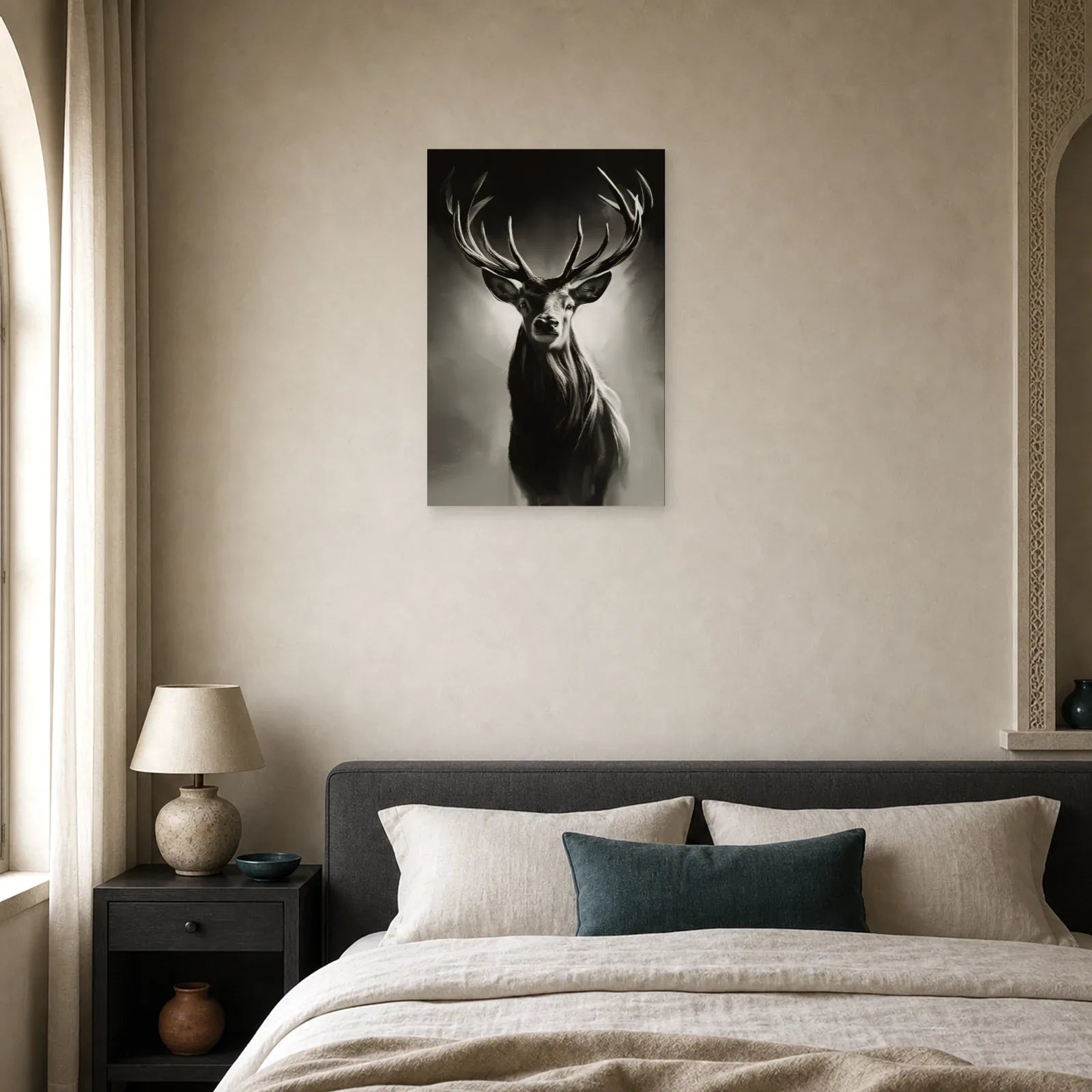 Tableau Tête Cerf Noir et Blanc - Regard Royal dans une chambre - Art Virtuoso