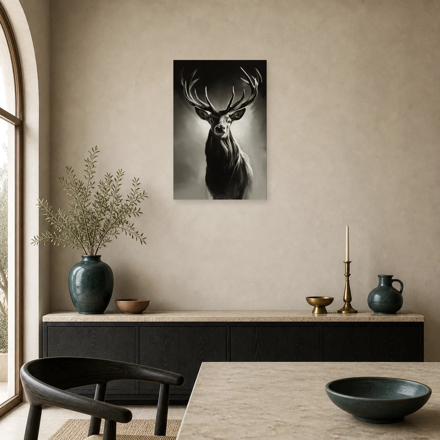 Tableau Tête Cerf Noir et Blanc - Regard Royal dans une cuisine - Art Virtuoso