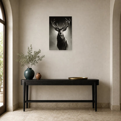 Tableau Tête Cerf Noir et Blanc - Regard Royal dans une entree ou un couloir - Art Virtuoso