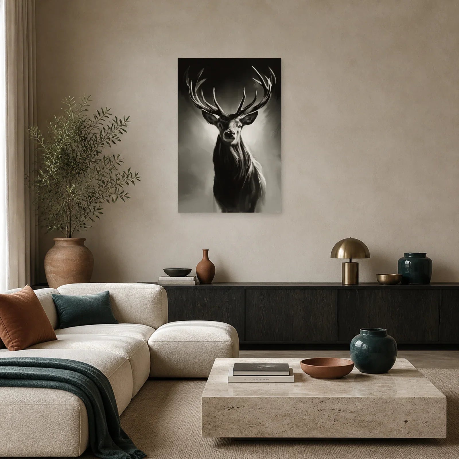 Tableau Tête Cerf Noir et Blanc - Regard Royal dans un salon - Art Virtuoso