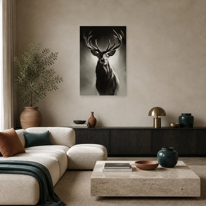 Tableau Tête Cerf Noir et Blanc - Regard Royal dans un salon - Art Virtuoso