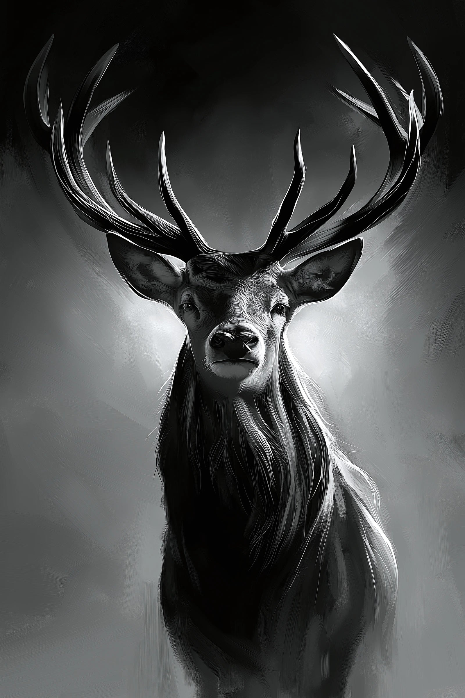 Tableau tête de cerf noir et blanc portrait vertical - format S