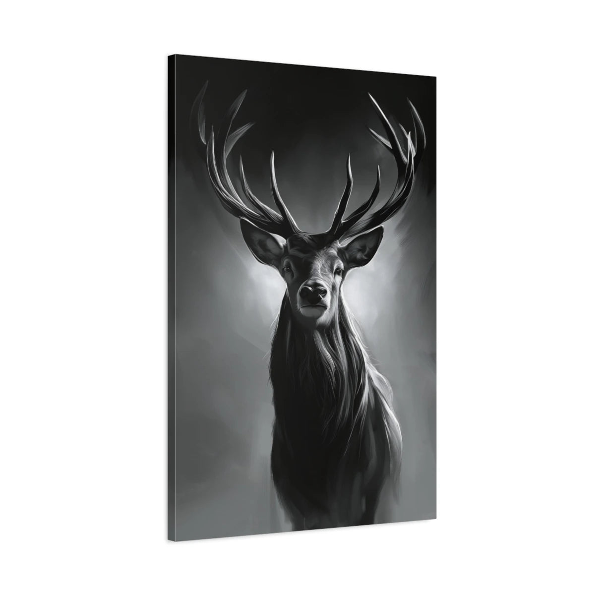Tableau tête de cerf noir et blanc portrait vertical - toile 3D avec bords imprimés visibles