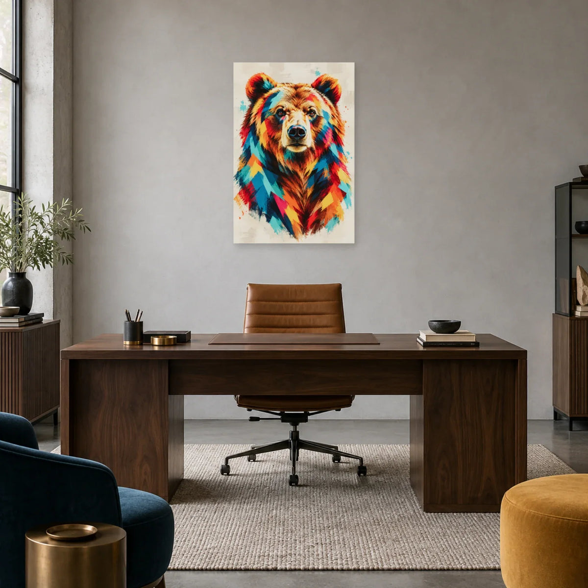 Tableau tête d’ours brun multicolore – Force calme dans un bureau - Art Virtuoso