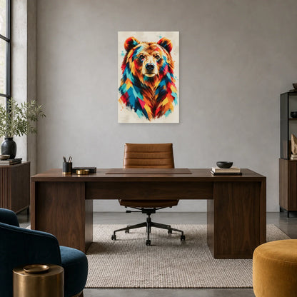 Tableau tête d’ours brun multicolore – Force calme dans un bureau - Art Virtuoso