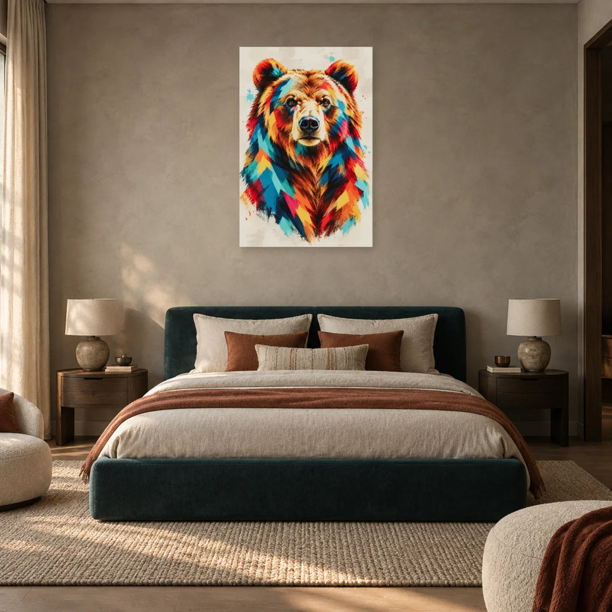 Tableau tête d’ours brun multicolore – Force calme dans une chambre - Art Virtuoso