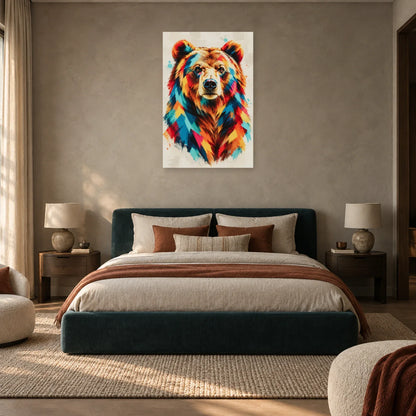Tableau tête d’ours brun multicolore – Force calme dans une chambre - Art Virtuoso