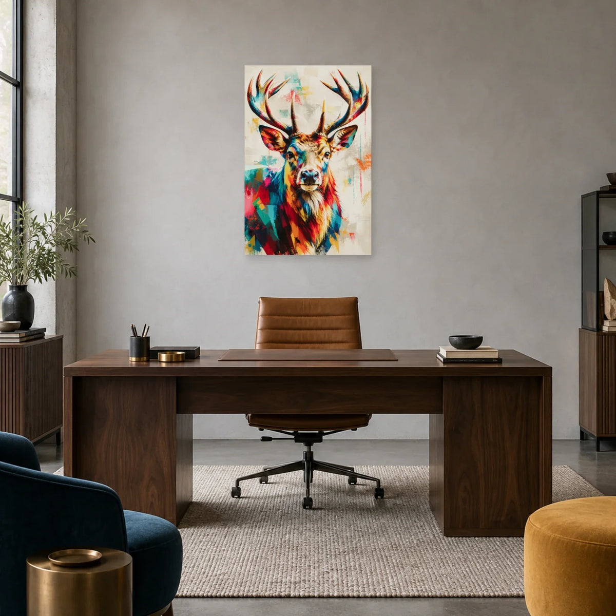 Tableau tête de cerf moderne – Ramure colorée dans un bureau - Art Virtuoso