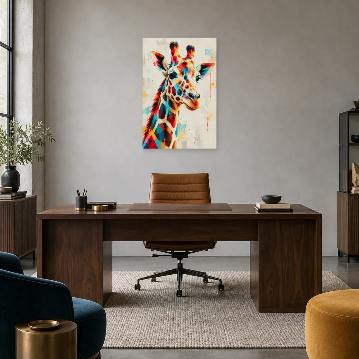 Tableau tête de girafe – Profil multicolore dans un bureau - Art Virtuoso