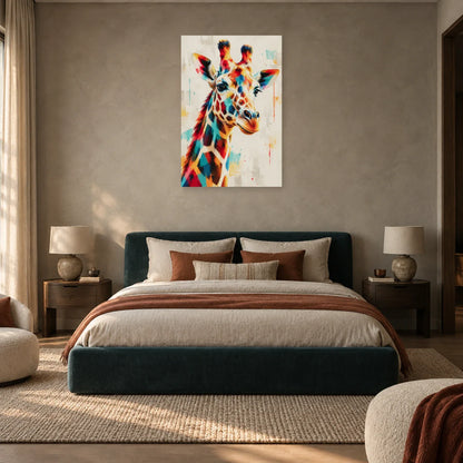Tableau tête de girafe – Profil multicolore dans une chambre - Art Virtuoso