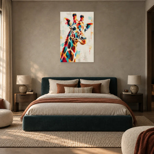 Tableau tête de girafe – Profil multicolore dans une chambre - Art Virtuoso