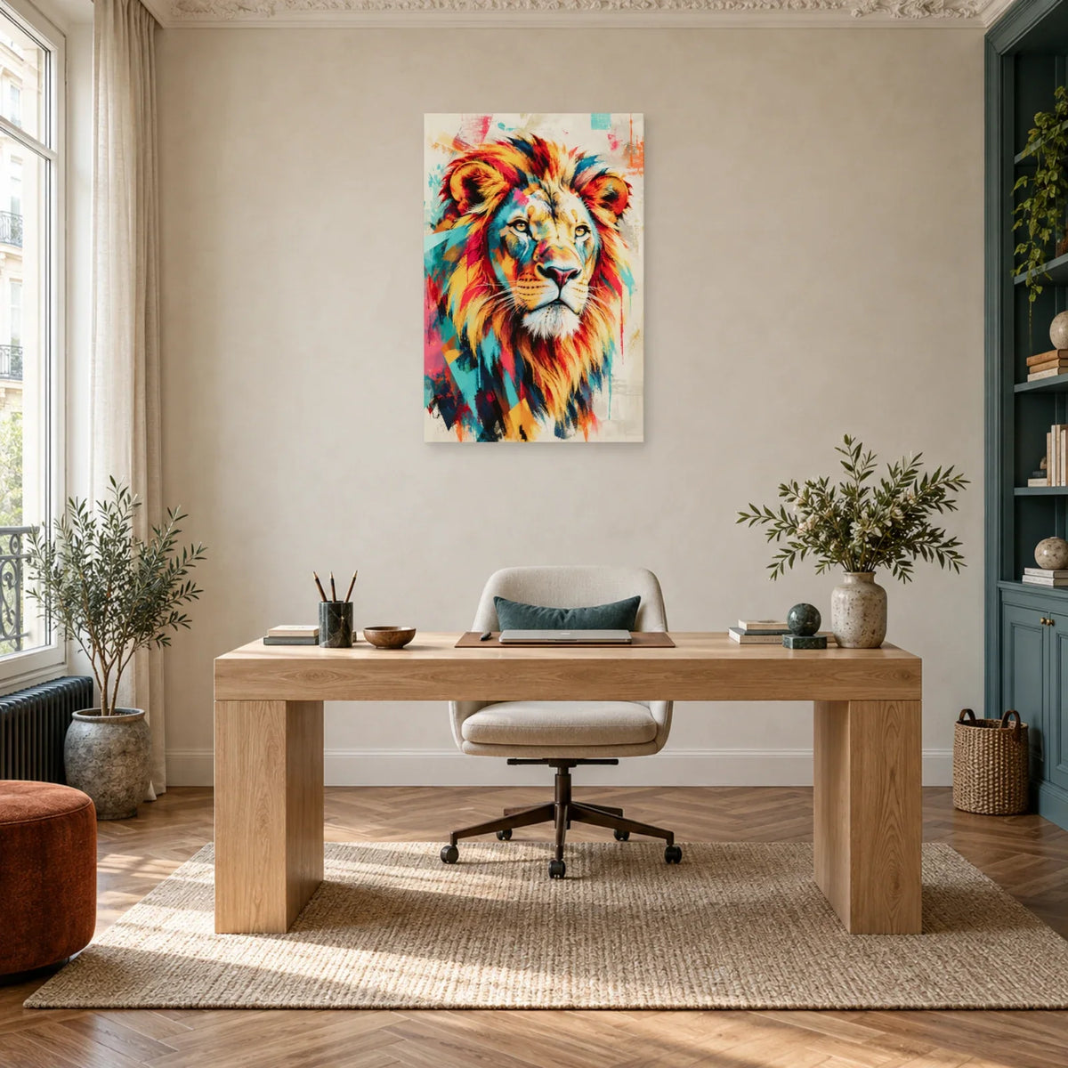 Tableau tête de lion couleur – Crinière solaire dans un bureau - Art Virtuoso