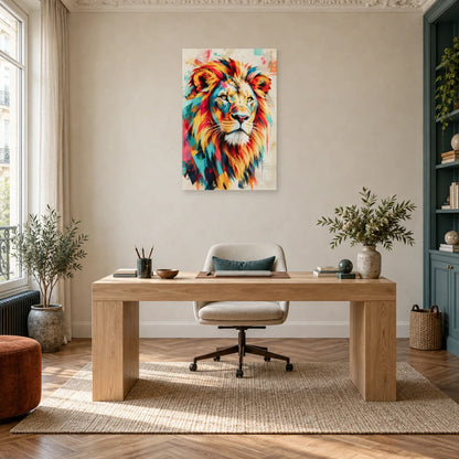 Tableau tête de lion couleur – Crinière solaire dans un bureau - Art Virtuoso