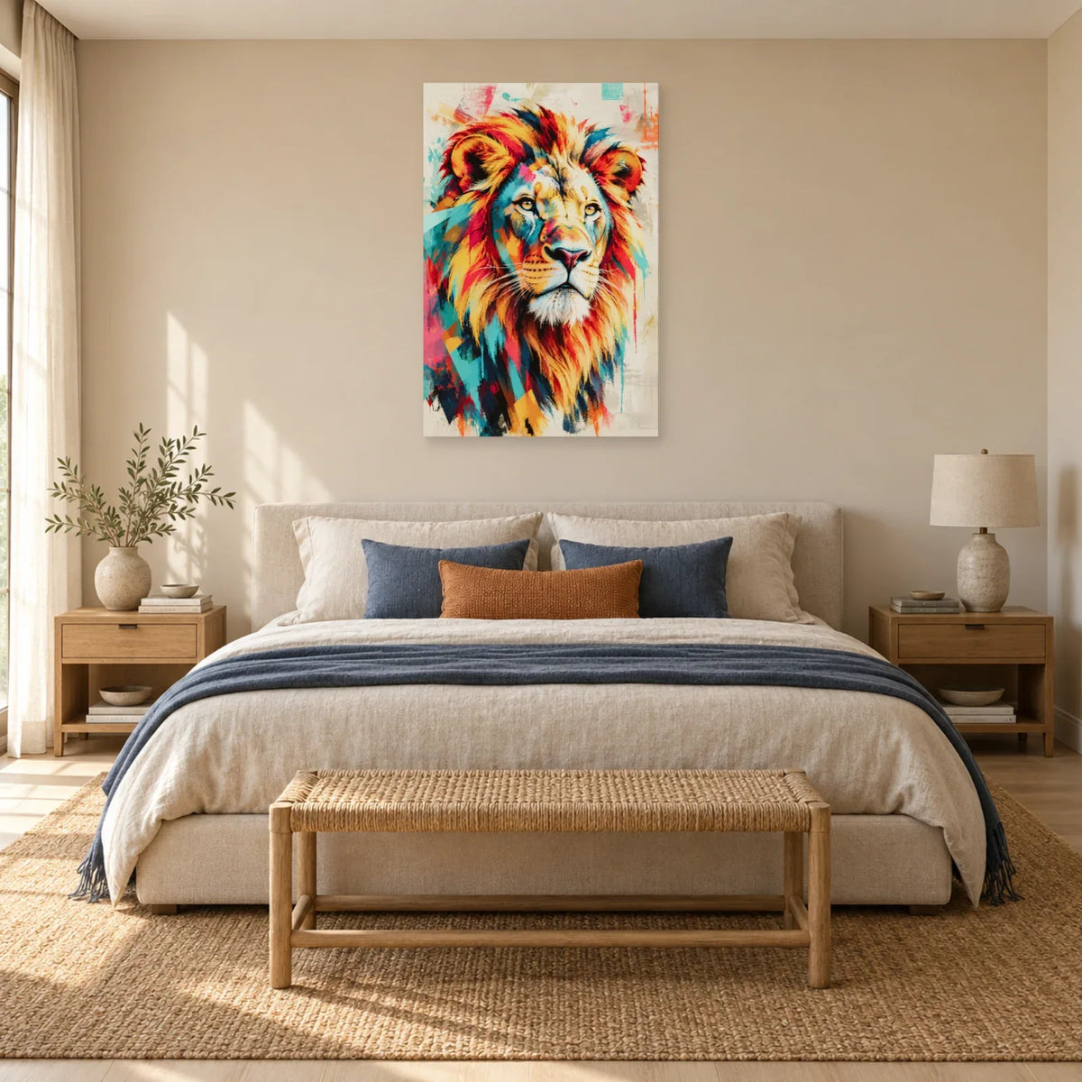 Tableau tête de lion couleur – Crinière solaire dans une chambre - Art Virtuoso