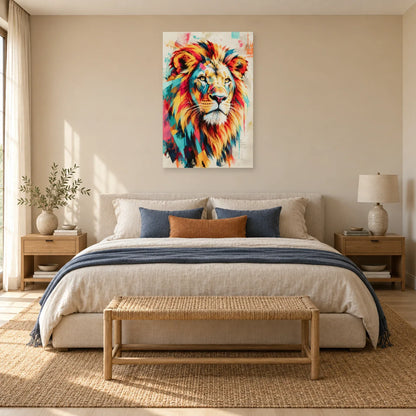 Tableau tête de lion couleur – Crinière solaire dans une chambre - Art Virtuoso