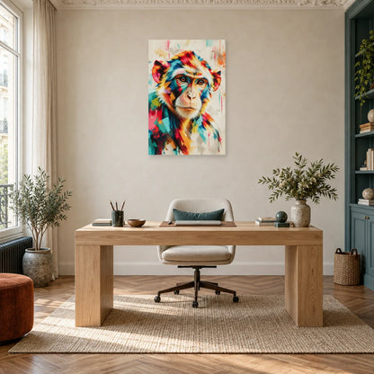 Tableau tête de singe multicolore – Regard tranquille dans un bureau - Art Virtuoso