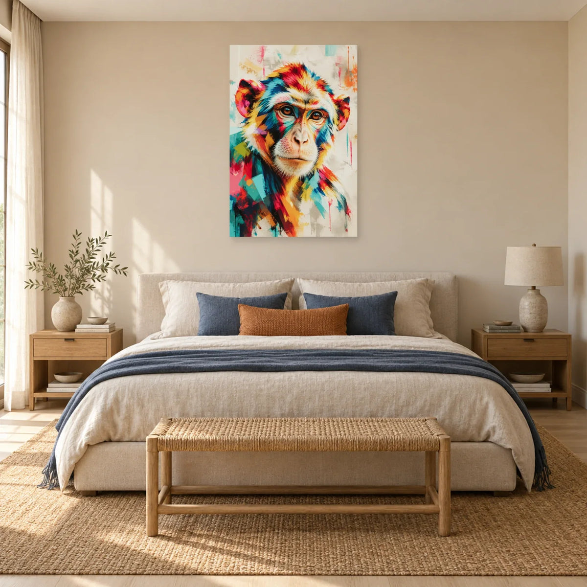 Tableau tête de singe multicolore – Regard tranquille dans une chambre - Art Virtuoso