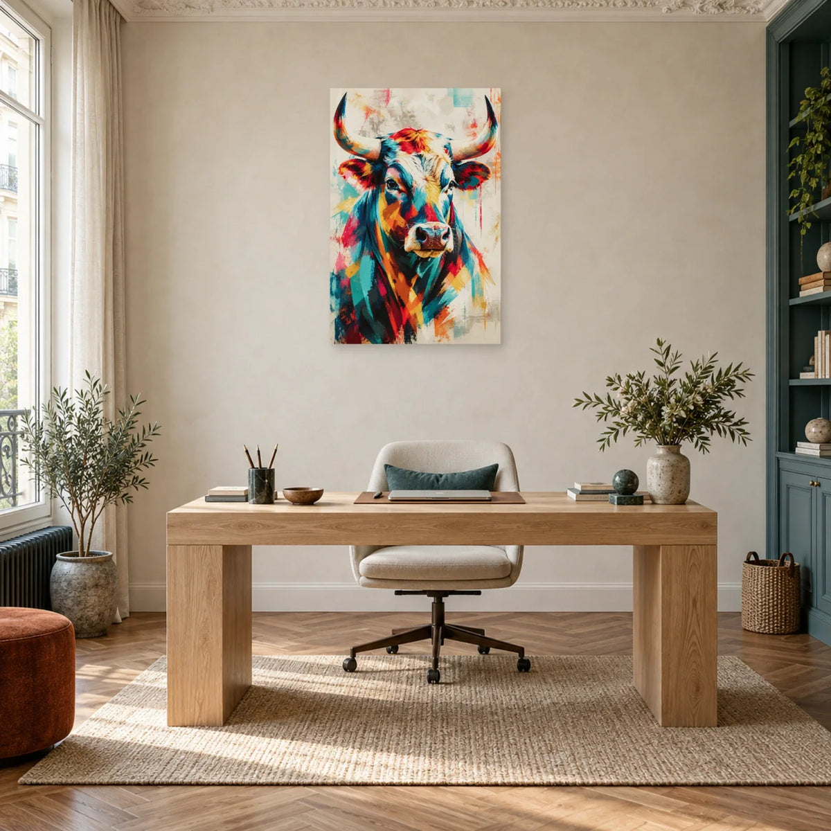 Tableau tête de taureau – Cornes multicolores dans un bureau - Art Virtuoso